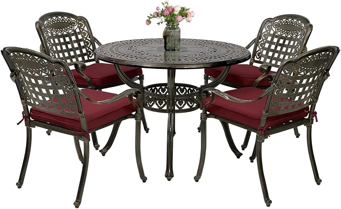 5-Piece Outdoor Patio Dining Set, All-Weather Cast Aluminum Furniture Conversation Set, Include 4 Cushioned Chairs and a 38.5” Round Table with Umbrella Hole for Balcony, Lawn, Red