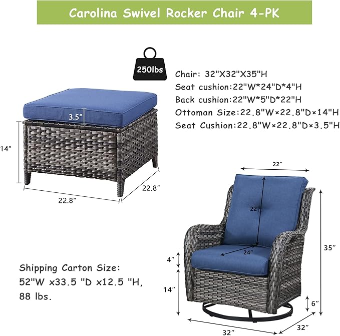 Rilyson Wicker Patio Furniture Set - 4 Piece Rattan Outdoor Patio Conversation Sets with 2 Swivel Rocking Chairs,2 Ottomans for Porch Deck Garden(Mixed Grey/Blue)