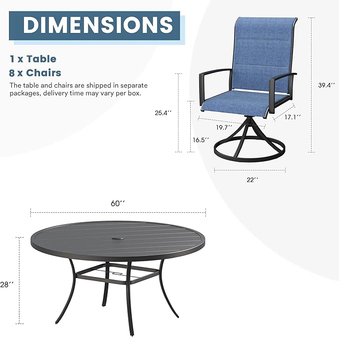 DIFY 9 Piece Outdoor Patio Dining Set for 8, 60" Black Round Metal Dining Table and Swivel Patio Chairs with Blue Padded Textilene, All-Weather Outdoor Furniture Set for Garden Backyard Porch