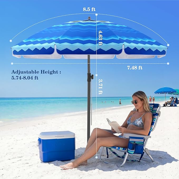 UIRWAY Beach Umbrella, Heavy Duty Windproof Beach Umbrellas with Sand Anchor & Tilt, Sun Protection Portable Beach Umbrella with Carrying Bag for Beach, Patio Garden Pool Outdoor