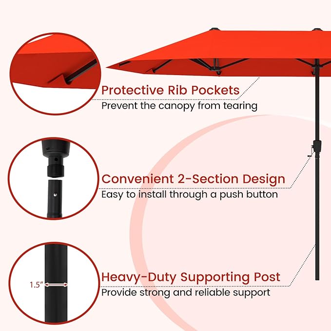 Tangkula 13 FT Large Patio Umbrella, Outdoor Double-Sided Table Market Umbrella w/Crank Handle, 12 Heavy-Duty Ribs, Sun-Protective Rectangular Twin Parasol for Garden Deck Lawn Poolside (Orange)