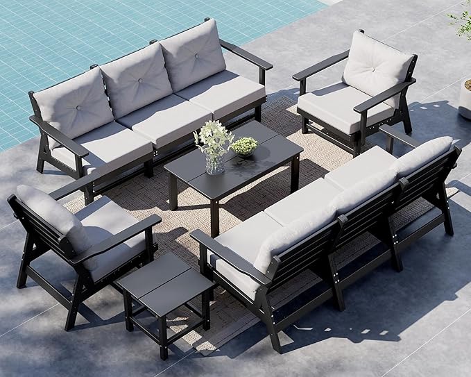 GREENVINES 10-Piece-Patio-Furniture-Set | HDPE Plastic | Outdoor Sectional Conversation Sets | All-Weather Couch | Sofa with Coffee Table & Side Table | Detachable Armrests | for Deck Lawn | Black