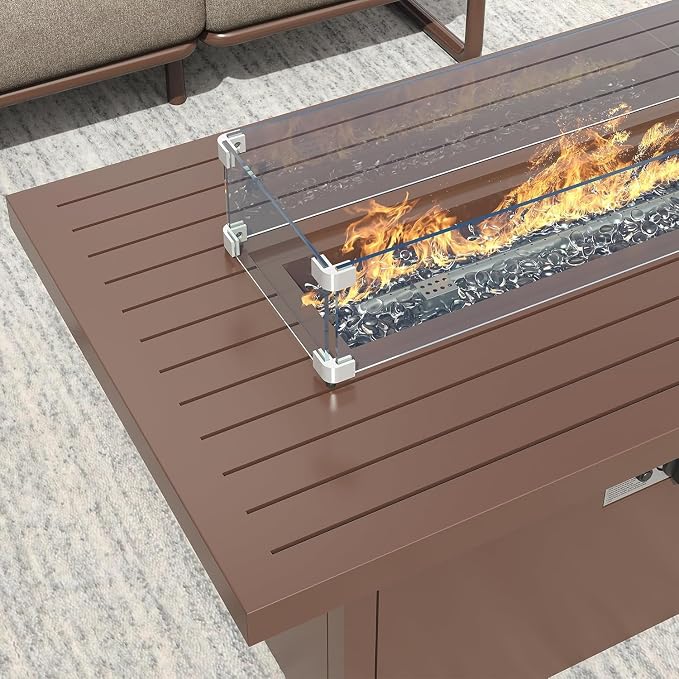 5-Seat Aluminum Patio Conversation Sofa Set with 2 Swivel Rocking Chairs & Oversized Fire Pit Table (Glass Wind Guard), All-Weather for Balcony, Garden, Brown