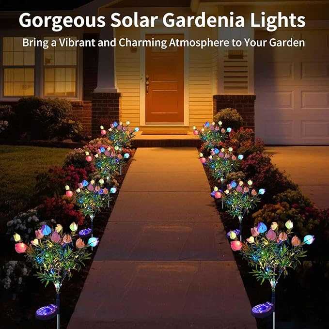 Solar Garden Lights, 7 Heads Gardenia Colorful Flower Light Waterproof Solar Outdoor Lights for Yard Pathway Decor, Two Lightning Modes, 2 Pack Pink