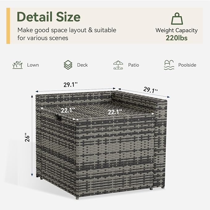 Aoxun Outdoor Wicker Storage Coffee Table, All-Weather Side Table with Waterproof Cover, for 25.8" High-Back Sofas Grey