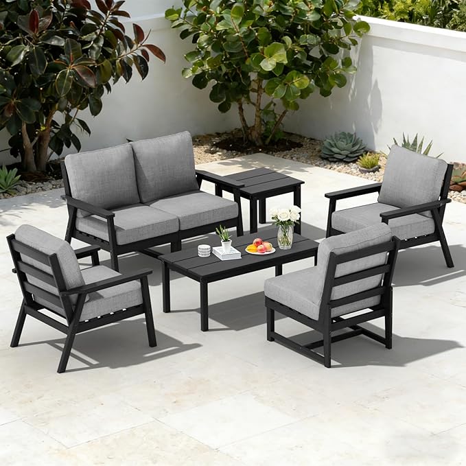 LOUNZY HDPE Outdoor Furinture Set, 7 Piece Sectional Sofa Patio Furniture Set, All Weather Outdoor Couch Set Patio Furniture Set for Deck, Lawn, Black
