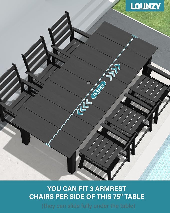 LOUNZY 9 Pieces Patio Dining Sets,Outdoor HDPE Furniture Set for 8 w/ 2" Hole Cut-Out Dining Table with 8 Patio Chairs(2 W/Armrest, 6 w/o Armrest),Black