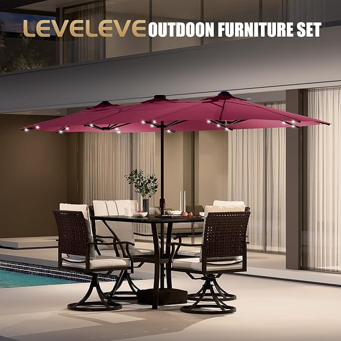 CHABATREE 14FT Large Patio Umbrella with Base & Solar LED Lights - Double-Sided,Red