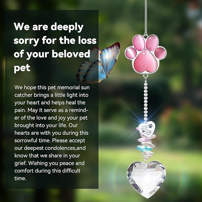 Dog Memorial Gifts, Pet Memorial Suncatcher, Loss of Dog Sympathy Gift | Thoughtful Dogs and Cats Bereavement Remembrance Gifts, Natural Cat's Eye Stone Paw Crystal Suncatcher