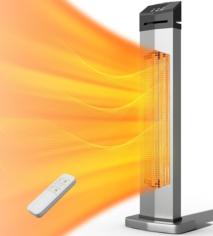 Landeagle Outdoor Heaters for Patio,1500W Electric Infrared Radiant Heater with Remote,37” Portable Tower Space Heater with 12H Timer,Tip-over Protection for Garage,Porch,Indoor,Silver
