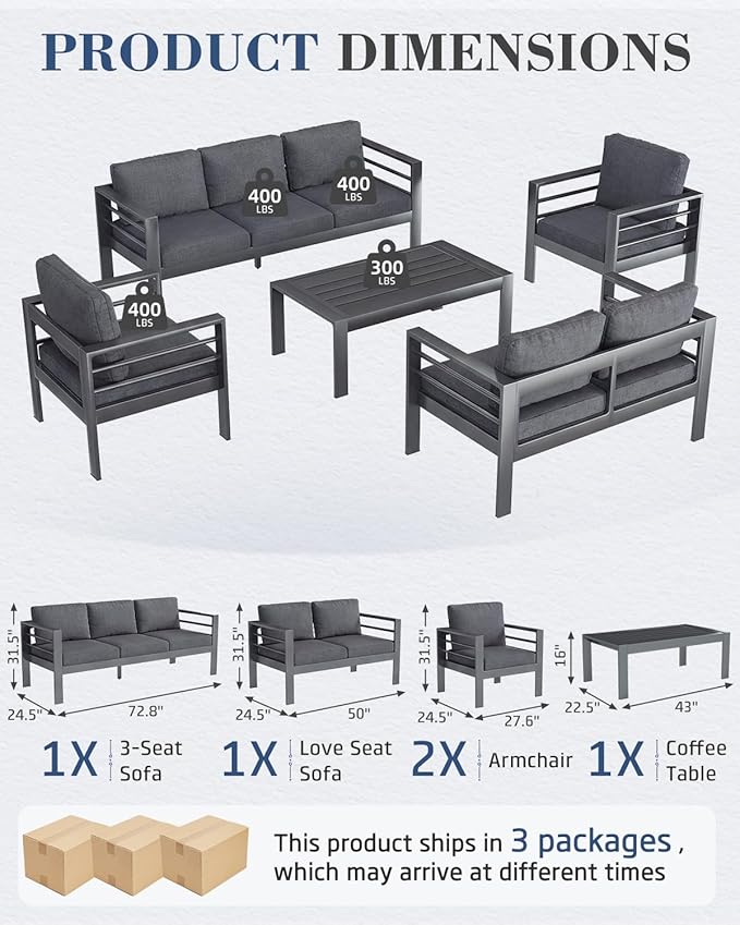 AECOJOY Aluminum Patio Furniture Set, 7 Seats Modern Outdoor Furniture with Coffee Table, 5 Pieces Metal Conversation Sectional Sofa, Dark Gray