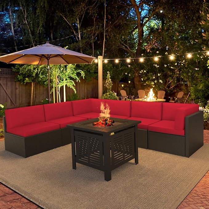 U-MAX 7 Piece Outdoor Patio Furniture Set with Extra 30 Inch Fire Pit Table, PE Rattan Wicker Sofa Set, Outdoor Sectional Furniture Chair Set with Cushions and Tea Table, Brown Rattan&Red Cushion