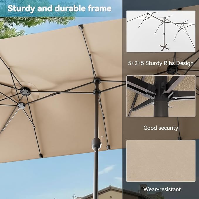 8 PCS Outdoor Patio Dining Set with 13.6ft Double-Sided Patio Umbrella,Patio Table and Chairs Metal Outdoor Patio Furniture Set,Dining Table Set with 6 Chairs,Brown