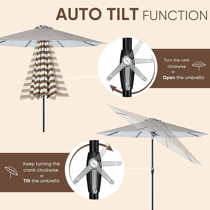 Tempera Patio Market Outdoor Table Umbrella with Auto Tilt and Crank, Large Sun Umbrella with Sturdy Pole & Fade Resistant Canopy, Easy to Set