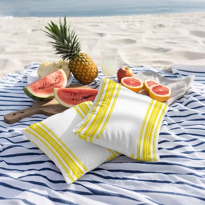 Outdoor Waterproof Throw Pillow Covers Set of 2 Yellow Stripes Pillowcases 26x26 Inches White Vertical Striped Decorative Pillows Cushion Case Patio Pillows for Couch Bed Chair Garden