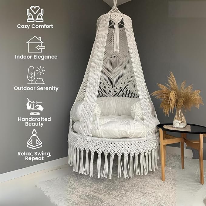 Premium Cotton Macrame Swing Hammock Chair for Adults & Kids – Indoor & Outdoor Hanging Jhula for Patio, Balcony, Deck, Living Room – Boho Style, Large Size, 353Lbs Capacity