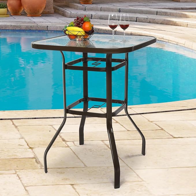 Bonnlo Patio Bar Table with Umbrella Hole, Metal Outdoor Pub Table, High Top Bistro Table for Deck