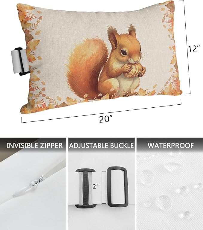 Outdoor Pillows Covers with Inserts Fall Thanksgiving Cute Squirrel with Maple Leaves Waterproof Pillow with Adjustable Strap Throw Pillows for Patio Furniture Recliner Lounge Chair, 12x20 inch, 2PCS