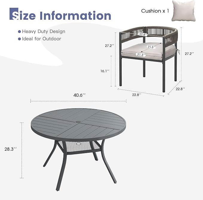 VICLLAX Patio Dining Set, 40.7" Dark Grey Table & 4 Chairs with Wheat Cushion