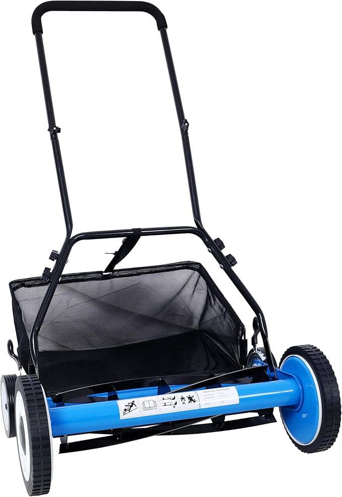KEIKI 20-Inch Manual Lawn Mower, Push Reel Mowers w/Grass Catcher & Adjustable Cutting Height, 4-Wheels Small Lawnmower with 5 Steel Blades for Graden, Spaces Saving & Easy Assembly, Green