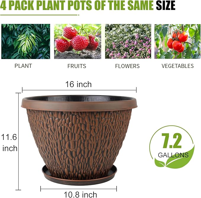 Nooulap 16 Inch Large Outdoor Plant Pot, 4 Pack Thickened Flower Pots with Drainage Holes & Saucer, Pebbles Pattern Design Tree Planters Outdoor for Garden Porch Home