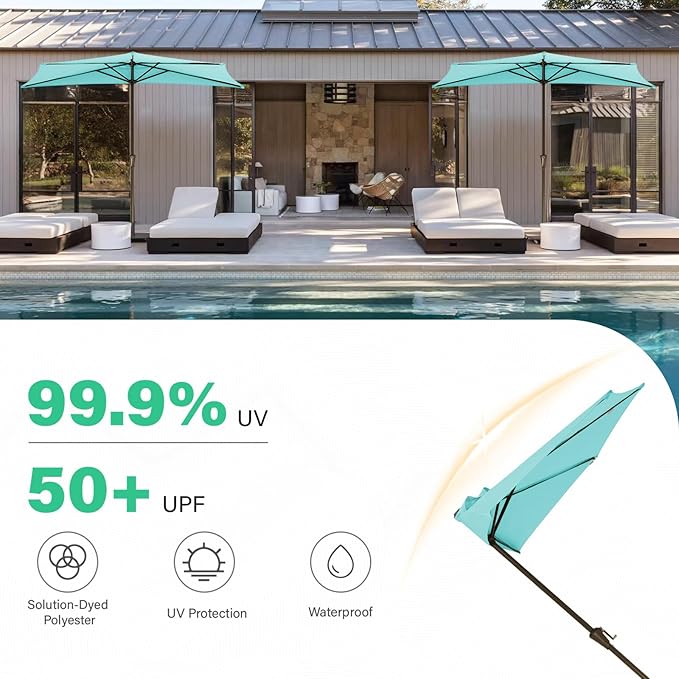 JEAREY 9ft Half Umbrella Outdoor Patio Umbrella Market Umbrellas with Crank, 1/2 Round Wall Umbrella 5 Sturdy Ribs UV Protection for Pool Garden Balcony Deck, Teal Blue