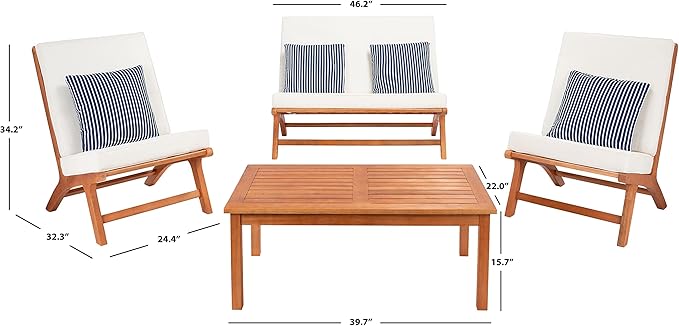 Safavieh Outdoor Chaston Natural and Beige 4-Piece Set with Navy Striped Pillows