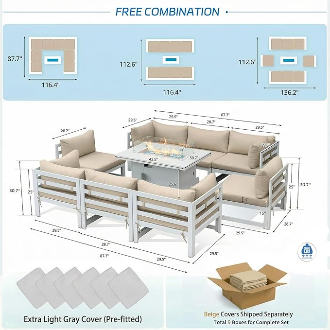 NICESOUL 9 Piece L-Shaped Contemporary Aluminum Outdoor Furniture Set with Firepit, 29" Deep Wide Large Couch Set, 500 lbs High Weight Capacity Modular Patio Sectional Sofa for Garden Terrace, Beige
