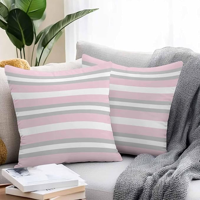 Throw Pillow Covers 26x26 Inch Set of 2, Pink Grey Stripe Waterproof Outdoor Pillow Covers, Minimalist Farmhouse Striped Decorative Cushion Pillowcases for Couch, Sofa, Bed, Garden, Patio