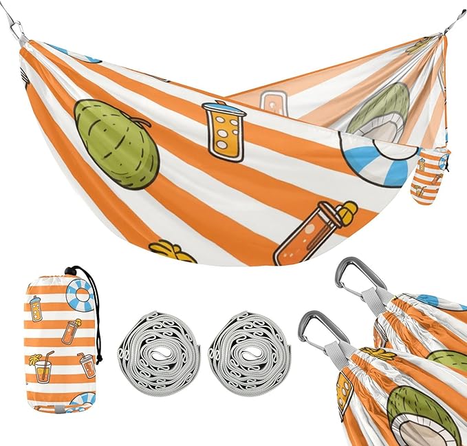 Orange White Stripes Summer Juice 330lb Capacity Outdoor Hammocks with Tree Straps Swing Hammock for Outside Camping Essentials Bases para hamacas para adultos