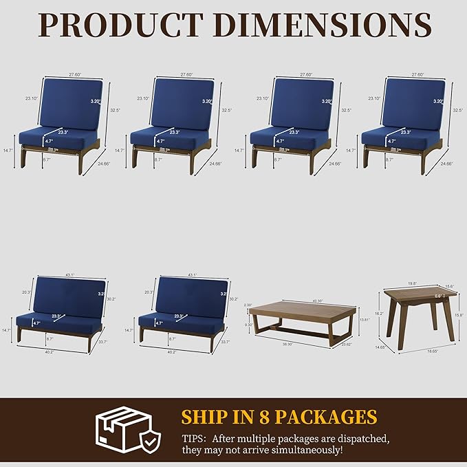 UIXE 8 Pieces Wood Patio Furniture Sets, 2 Patio Loveseat, 4 Patio Bistro Chair, All Weather Outdoor Sectional Sofa Furniture Backyard Conversation Set with Coffee Table - Navy
