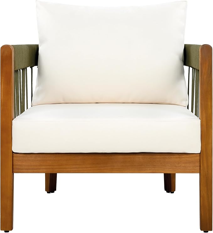 Christopher Knight Home Nadine 3 Pieces Patio Conversation Set, Handwoven Rope Accent Chairs, Acacia Wood Side Table, Tub Shaped Club Chairs, Round Side Table and Chair Set for Yard, Green+Beige