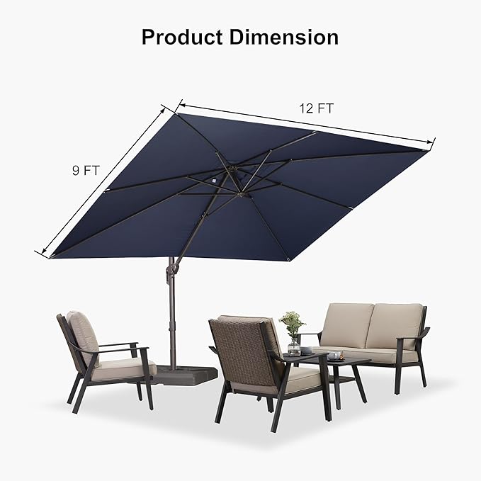 PURPLE LEAF 9' X 11.5' Rectangle Cantilever Umbrella with Base Patio Umbrella Outdoor Aluminum Antique Bronze Offset Hanging Umbrella with 360-degree Rotation for Pool Garden Backyard Deck, Navy Blue