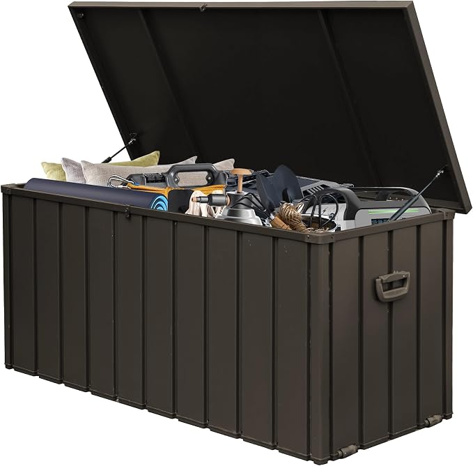 Domi 150 Gallon Deck Box Outdoor Storage Box, Lockable Storage Cabinet Deck Box Outdoor Waterproof, Large Metal Storage Bin for Patio Furniture Cushions Garden Tools Pool-Supplies, Brown