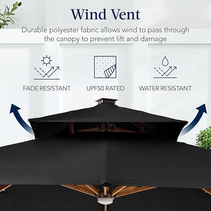 Best Choice Products 10ft Square Cantilever Patio Umbrella w/Base Included, Woodgrain Pattern Pole & Solar LED Lights, 360-Rotation, Offset Hanging Outdoor Shade