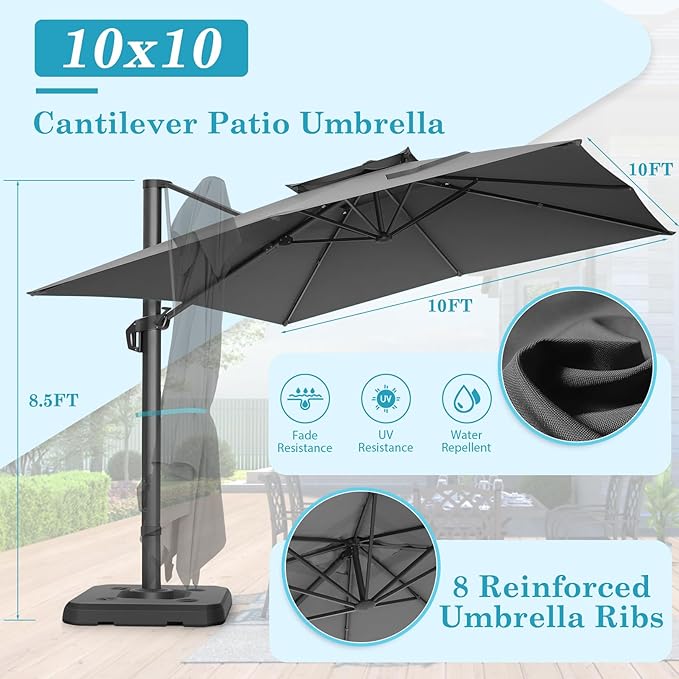 HOTEEL10x10ft Patio Umbrella Cantilever Umbrellas Double Top - Upgrade and Intensify - 360 Rotation and 5 Angles Adjustment - Aluminum Offset Pool Umbrella Outdoor Umbrellas for Patio Garden Pool