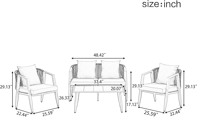 GDFStudio Aoxwe 4 Piece Outdoor Conversation Set, Rope Woven Club Chairs, Woven Open Back Loveseat, Slats Panel Design Coffee Table, Iron Frame Sectional Conversation Set for Poolside, Gray