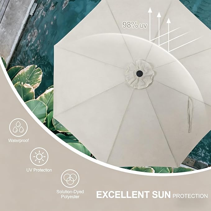 Tempera 9FT Scalloped Tassel Patio Umbrella, Outdoor Market Umbrellas with 8 Sturdy Ribs with Crank & Pust Button Tilt,Fade Resistant Canopy