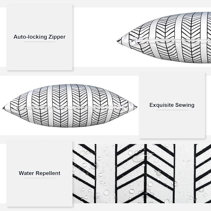 Outdoor Lumbar Pillows, Water Repellent Cushion Pillows 12x20 Inch, Outdoor Pillows with Inserts for Home Garden, Pack of 2, HerringboneWhite