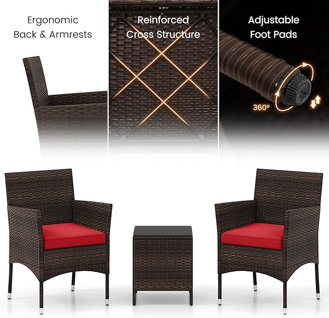 RELAX4LIFE 3-Piece Patio Furniture Set - Rattan Wicker Outdoor Conversation Set w/Cushions & Glass Coffee Table, Balcony Furniture for Porch Garden Backyard, Bistro Table and Chairs Set of 2 (Red)