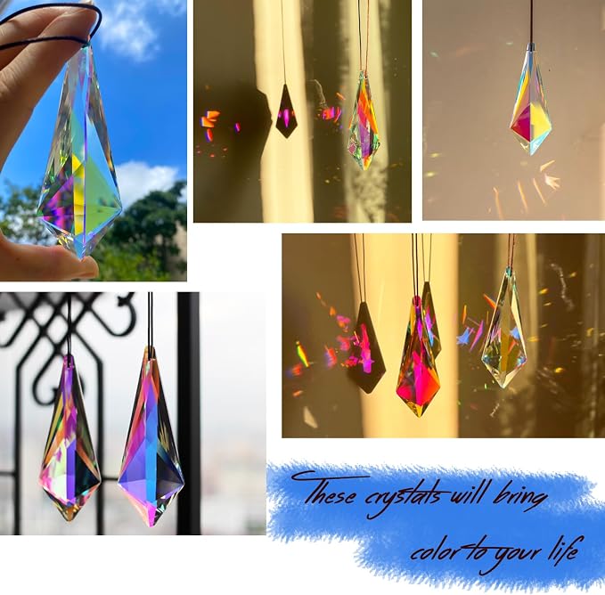 2PCS Cone Crystal Suncatcher Prisms for Windows (Lanky Cone) | AB Color, Transparent, K9 Glass, Rainbow Maker, with Hooks & Cord