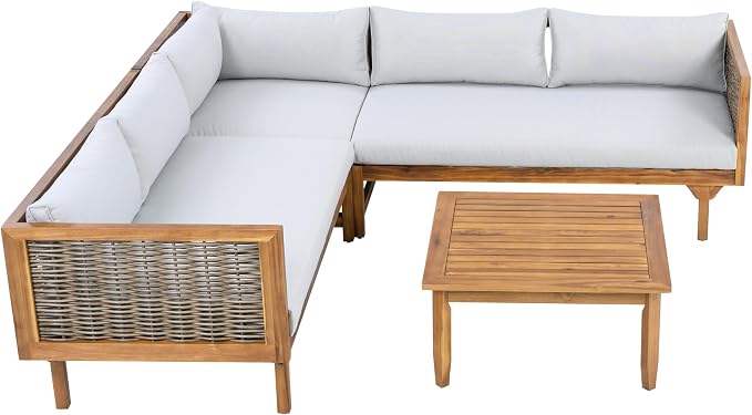 Christopher Knight Home Tenntt 5-Seater Acacia Wood Patio Furniture Set, Outdoor Conversation Sofa Chat Set with Coffee Table, Wicker Arm, Sectional Seating Group for Backyard Balcony, Teak+Light Gray
