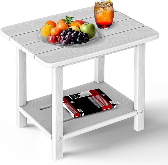 nevilywood HDPE Adirondack 2-Tier End Table Wood Texture- Weatherproof Outdoor Side Tables - Sturdy HDPE Material - Poolside, Patio,Lawn or Indoor & White