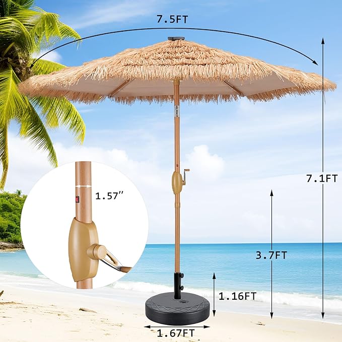 GDY 7.5ft Tiki Patio Umbrella and Matching Base, Outdoor Table Umbrella with 18 LED Lights, Market Umbrellas for Garden, Beach, Deck, Backyard & Pool