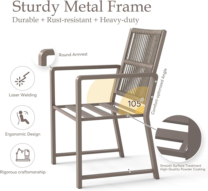 Outdoor Patio Wicker Rattan Dining Chairs, Heavy-Duty Wrought Iron Frame Supports 400lbs, Ergonomic Backrest, Detachable Breathable Cushion, for Garden & Porch, Light Brown, Set of 2