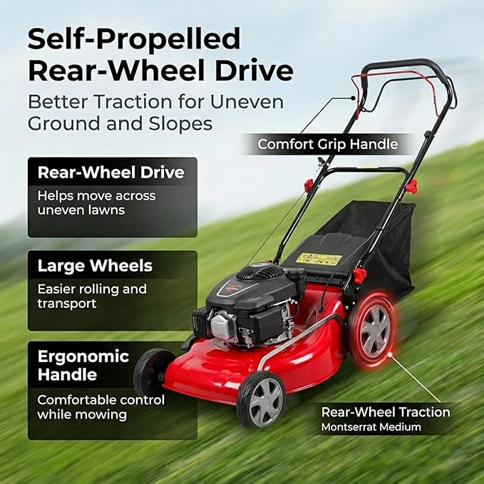 131cc Gas Self Propelled Lawn Mower, 3 in 1 Multi Functional Walk-Behind Push Lawn Mowers, 18" Foldable Gas Powered Lawnmower with 50L Grass Bag, for Mulch, Side Discharge, Rear Bagging (Red)