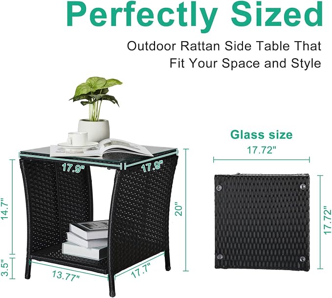 Wicker Rattan Side Table,Outdoor Patio Wicker Side Table, Square End Table Bistro Coffee Table with Glass Top Storage Shelf for Porch Garden Backyard Black