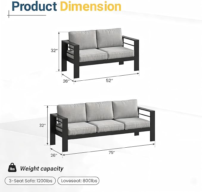 8 Pieces Outdoor Conversation Sets, Aluminum PatioCouch with Metal Fire Pit Table, All-Weather PatioCouch with 5" Thick Cushion, 43'' Firepit Outside Wood Burning with Adjustable 2 Grills, Light Gray