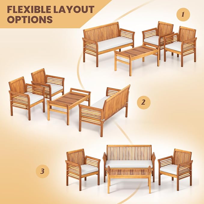 4 Piece Patio Furniture Set, Acacia Wood Sofa Set with Rectangular Coffee Table & Soft Seat Cushions, Outdoor Conversation Set for Garden, Backyard & Poolside
