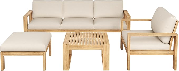 Christopher Knight Home Kayahs 4 Pieces Acacia Wood Furniture Set, Patio Conversation Sofa Chat Set with Coffee Table and Otoman, Outdoor Sofa Chair Set for Garden Porch Backyard Balcony, Teak+Beige